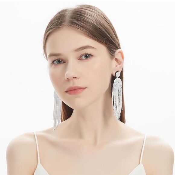 Long Boho White Beaded Tassel Fringe Dangling Drop Fan Chandelier Post Earrings - Picture 4 of 7